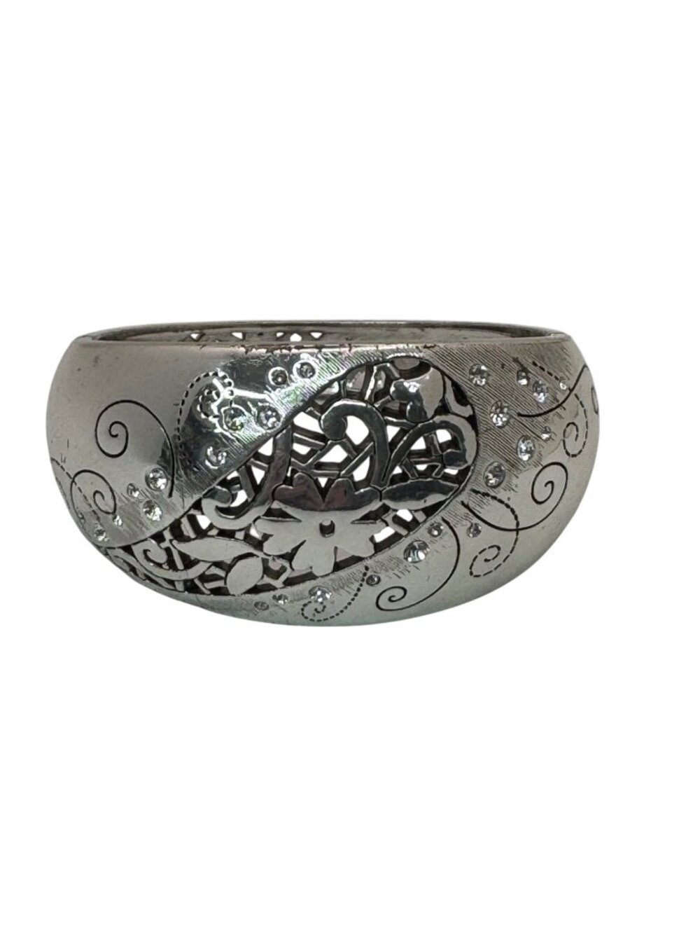 Brighton Silver-Tone Floral Scroll Hinged Bangle Bracelet Rhinestone Statement